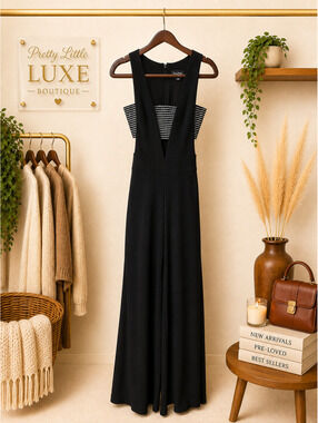 Bebe Black Crystal Rhinestone Cutout Plunging Wide-Leg Jumpsuit - Size XSMALL